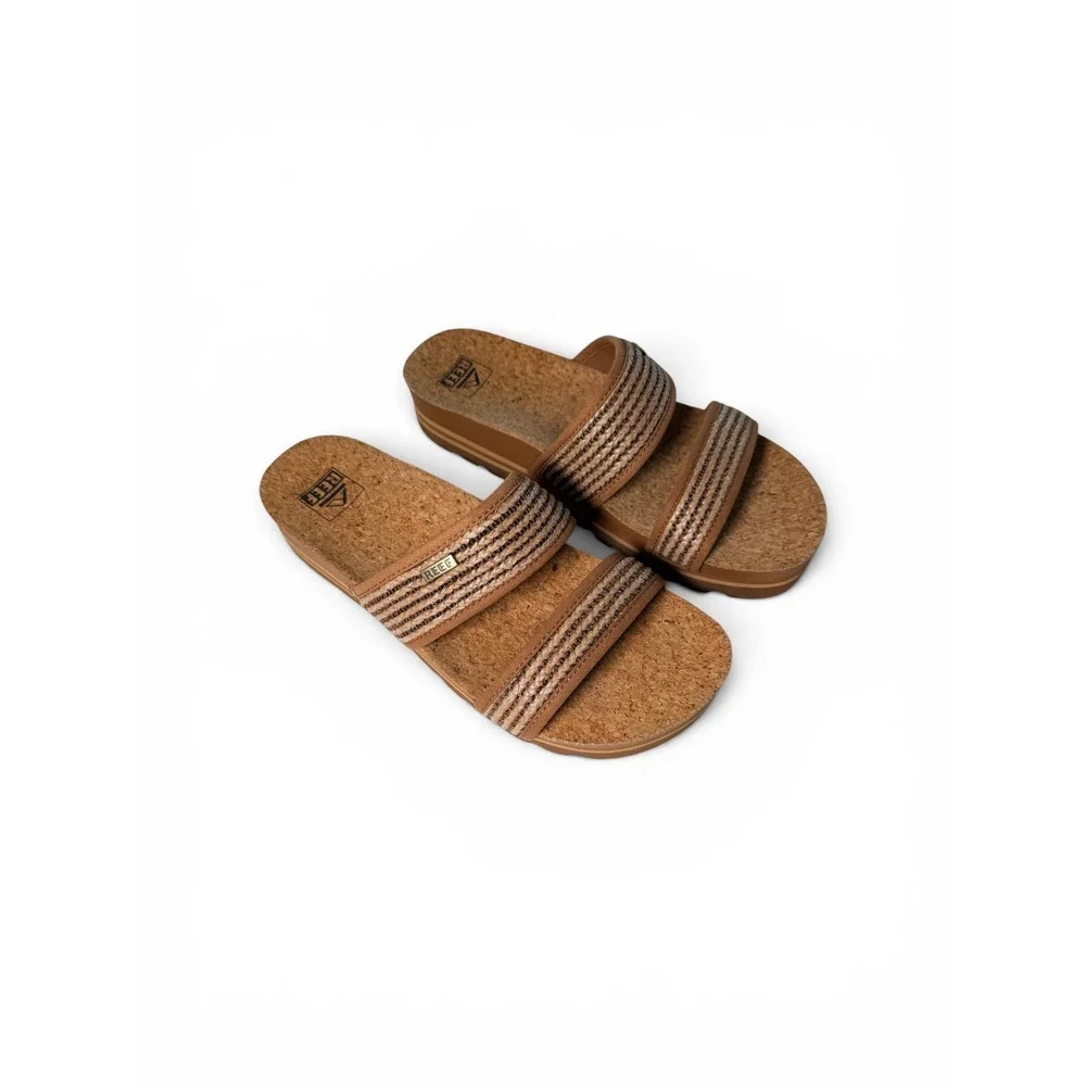 Reef Cushion Vista Hi Womens Platform Sandals Tan Brown Cork Slides Size 9.5